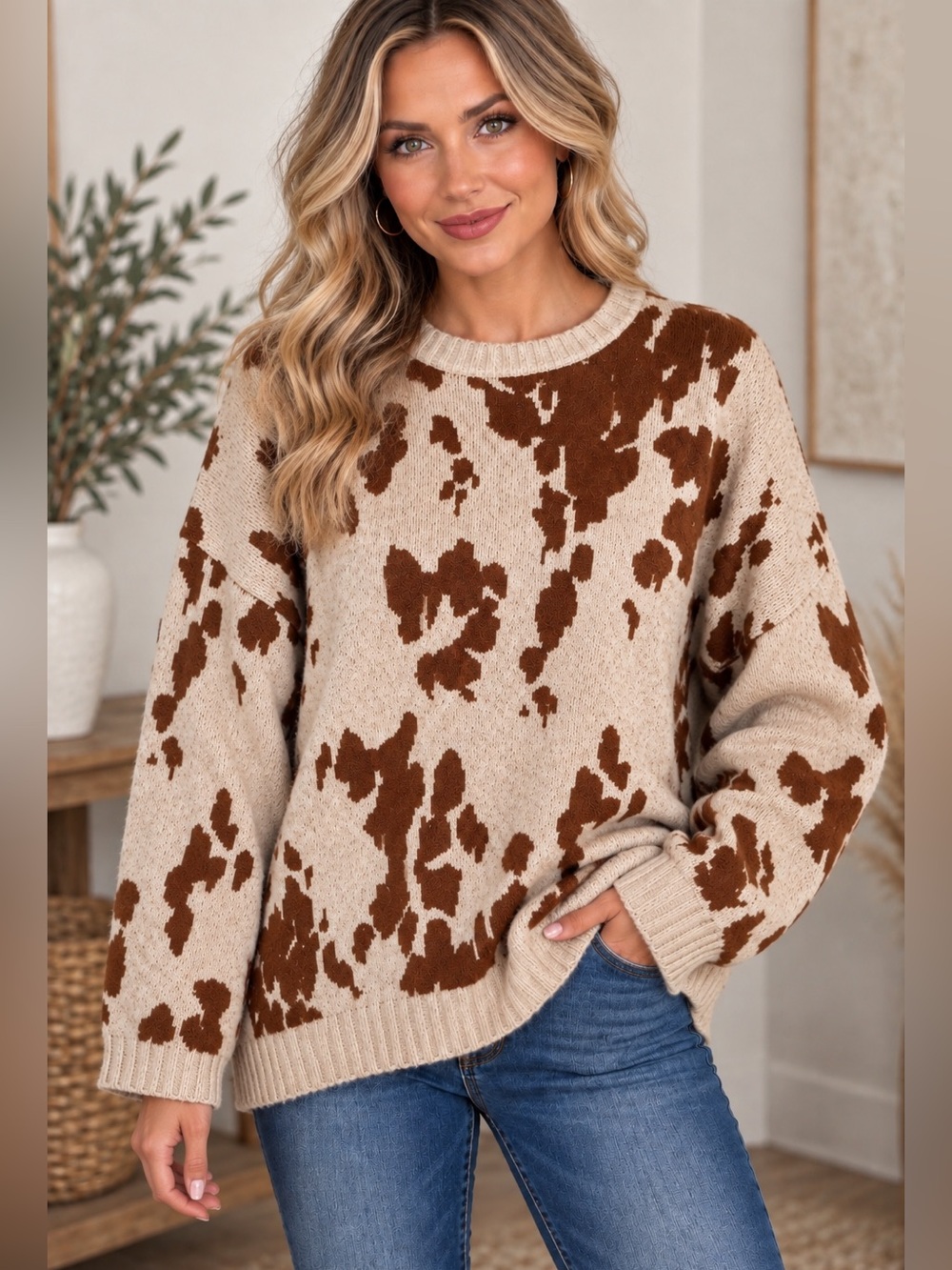 By Together Cow Print Knit Sweater Cream Brown Western Boho NWOT